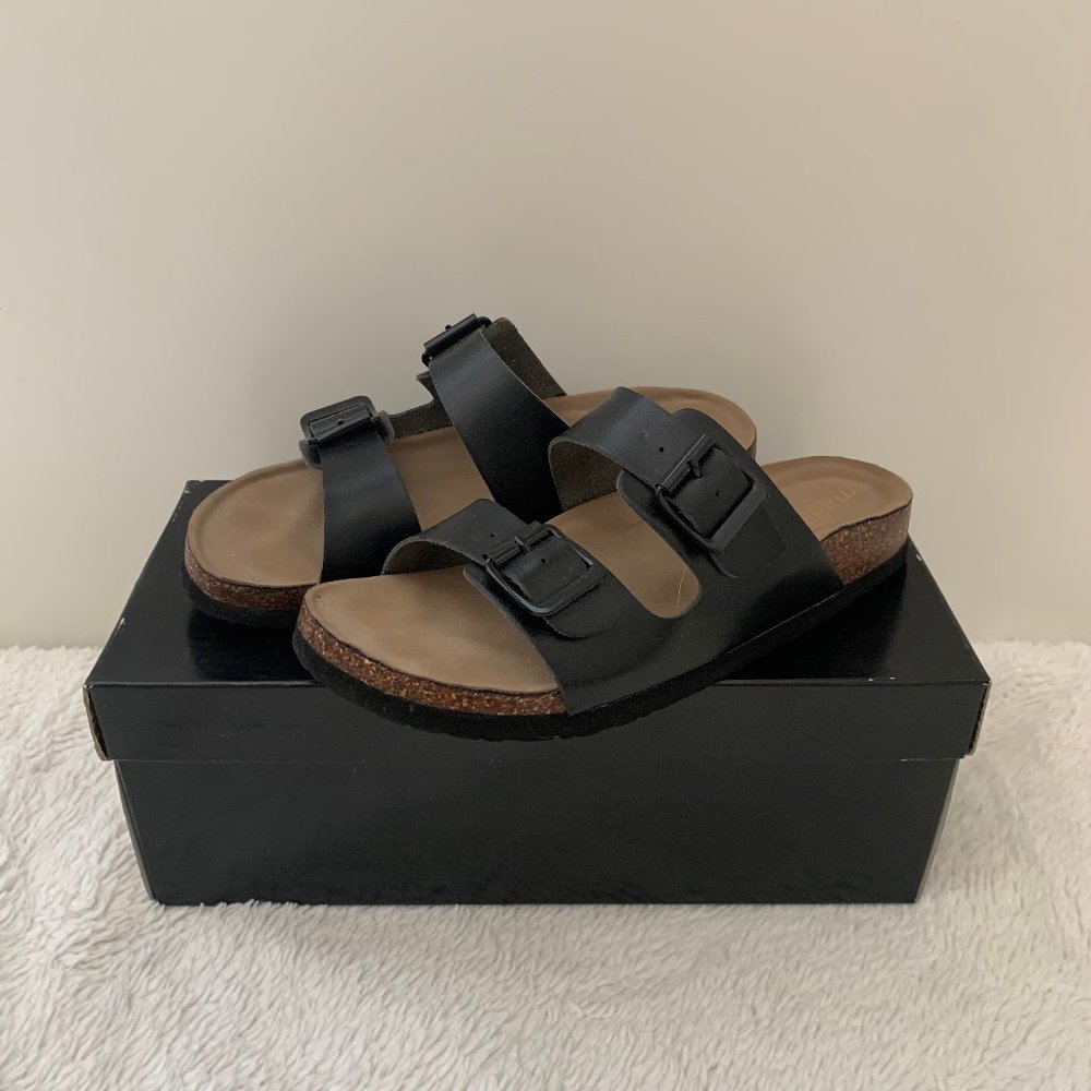 Steve Madden NYC Black / Tan Buckle Slide Sandals